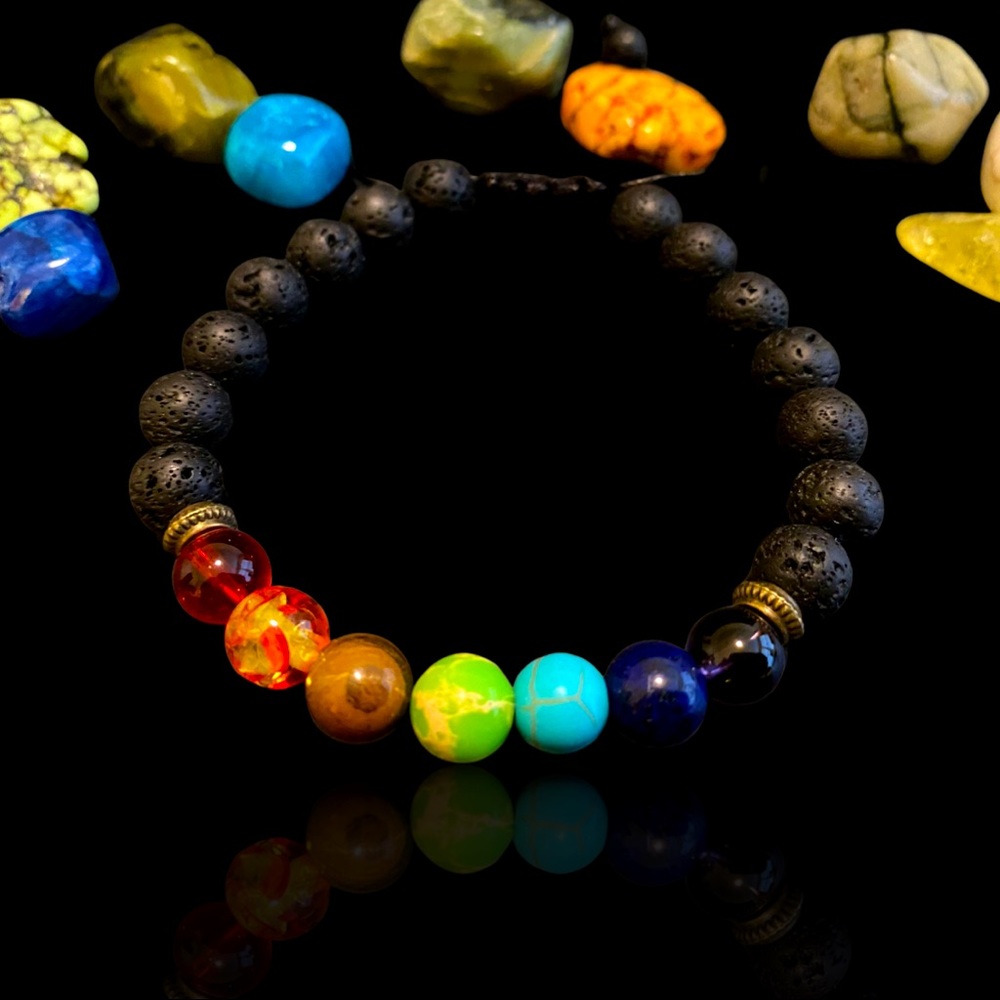 ✌️Healing chakra bracelet natural stone beads,lava,amethyst, turquoise,agate7.5”